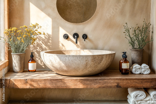 Comptoir en bois dans une salle de bains avec une vasque, des fleurs et des produits de beauté