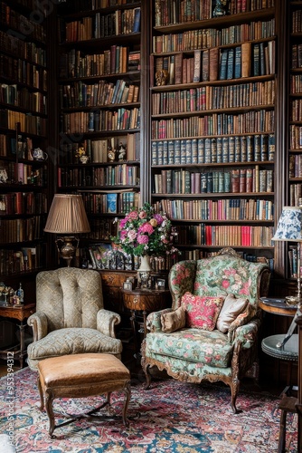 Luxurious Library Reading Room with Antique Armchairs and Bookshelves