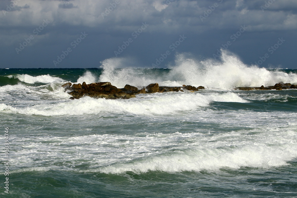 Fototapeta premium Winter storm on the Mediterranean Sea in northern Israel.