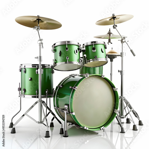 a drum set with a white background with a green drum