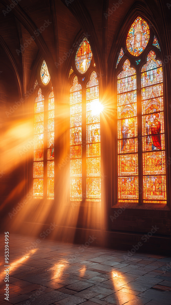 Golden Rays Illuminating Stained Glass Windows in a Majestic Cathedral Golden Rays Illuminating Stained Glass Windows in a Majestic Cathedral