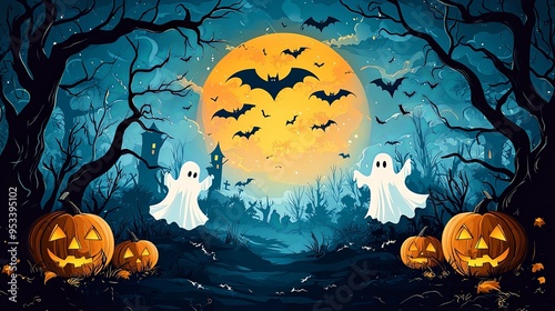 A chilling night scene depicting a bright full moon illuminating eerie ghosts, jack-o’-lanterns, and bats flying in a haunted forest, creating a spooky Halloween atmosphere. photo