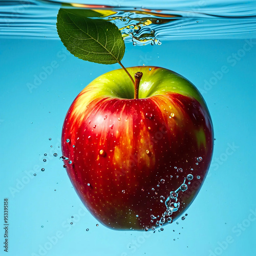 A high quality professional photo of a fresh and natural apple (fruit) delicately placed on the water surface, showcasing a perfect balance of buoyancy and ripeness, a shot where an apple