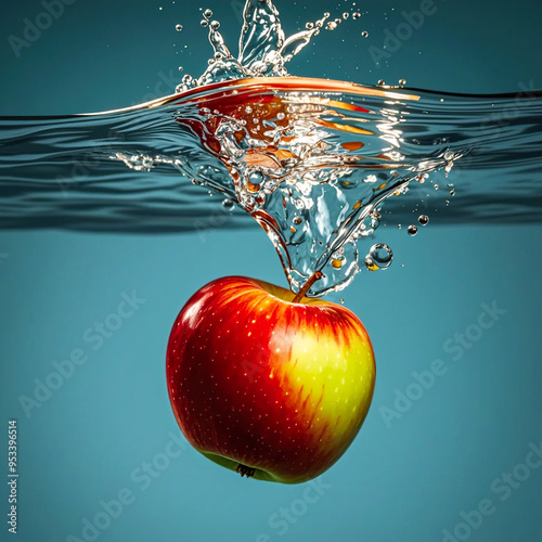 A high quality professional photo of a fresh and natural apple (fruit) delicately placed on the water surface, showcasing a perfect balance of buoyancy and ripeness, a shot where an apple