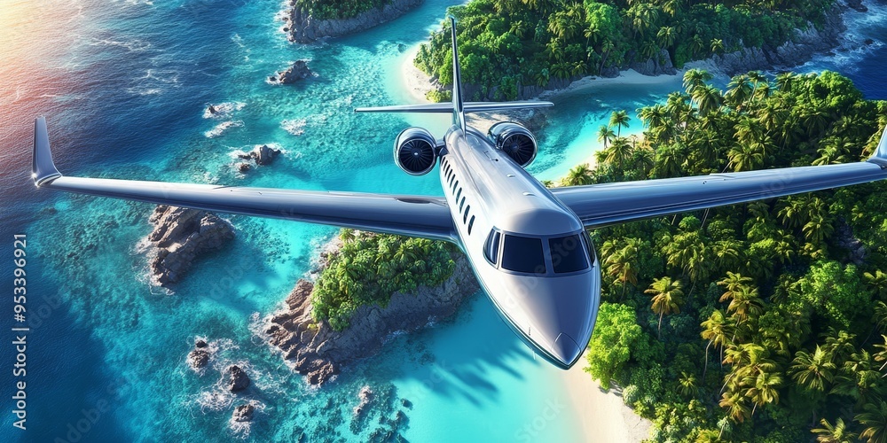 Fototapeta premium Private jet flying over tropical island.