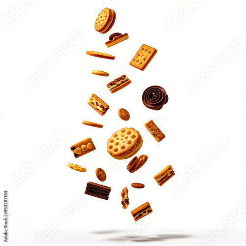 a high quality professional photo of a large pile of Flying Cake Crumbs, featuring an assortment of cake crumbs and cookie pieces soaring through the air in a mesmerizing display, 