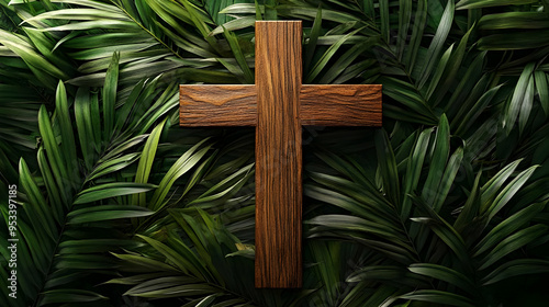 Wooden cross on a green lea...