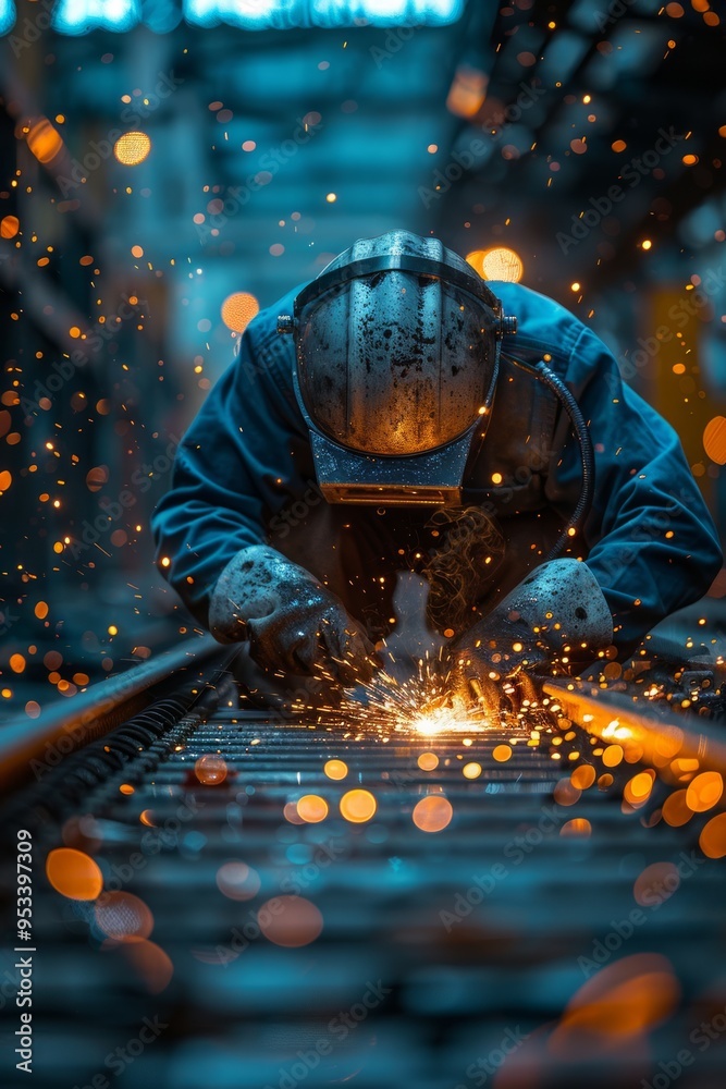 A welder works diligently on railway tracks under a blue-toned industrial environment during the evening hours creating sparks A welder works diligently on railway tracks under a blue-toned industrial environment during the evening hours creating sparks