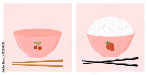 Rice bowl with cherry, strawberry and chopsticks on pink background vector. 