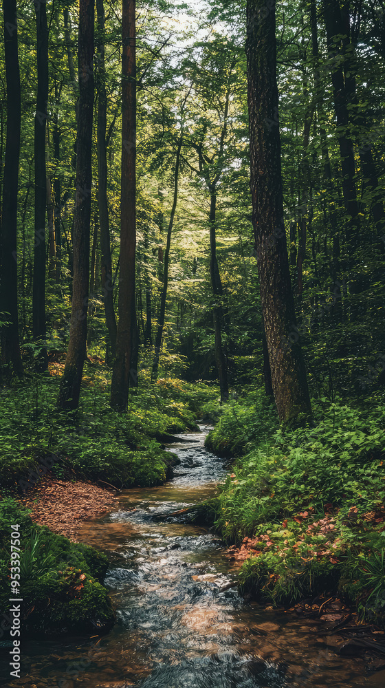 Fototapeta premium A Serene Stream Flows Through a Lush, Sun-Dappled Forest, Creating a Tranquil Oasis of Green.