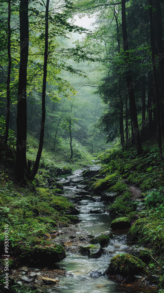 A Serene Stream Winds Through a Mist-Shrouded Forest, Its Waters Reflecting the Tranquility of the Wilderness. A Serene Stream Winds Through a Mist-Shrouded Forest, Its Waters Reflecting the Tranquility of the Wilderness.
