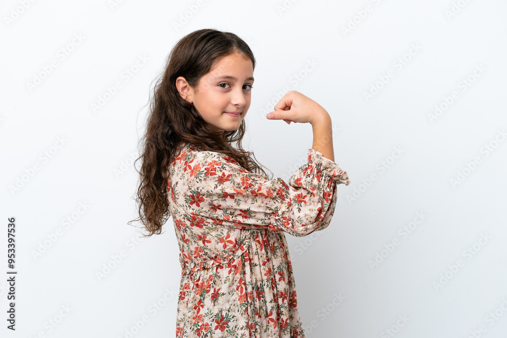 Little caucasian girl isolated on white background doing strong gesture Little caucasian girl isolated on white background doing strong gesture