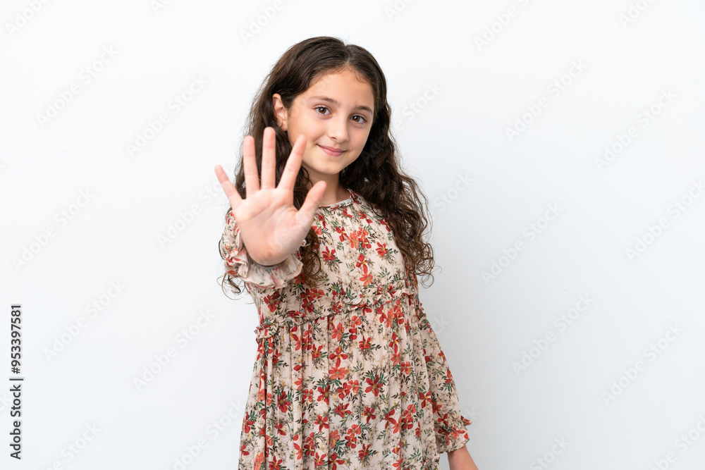 Little caucasian girl isolated on white background counting five with fingers Little caucasian girl isolated on white background counting five with fingers