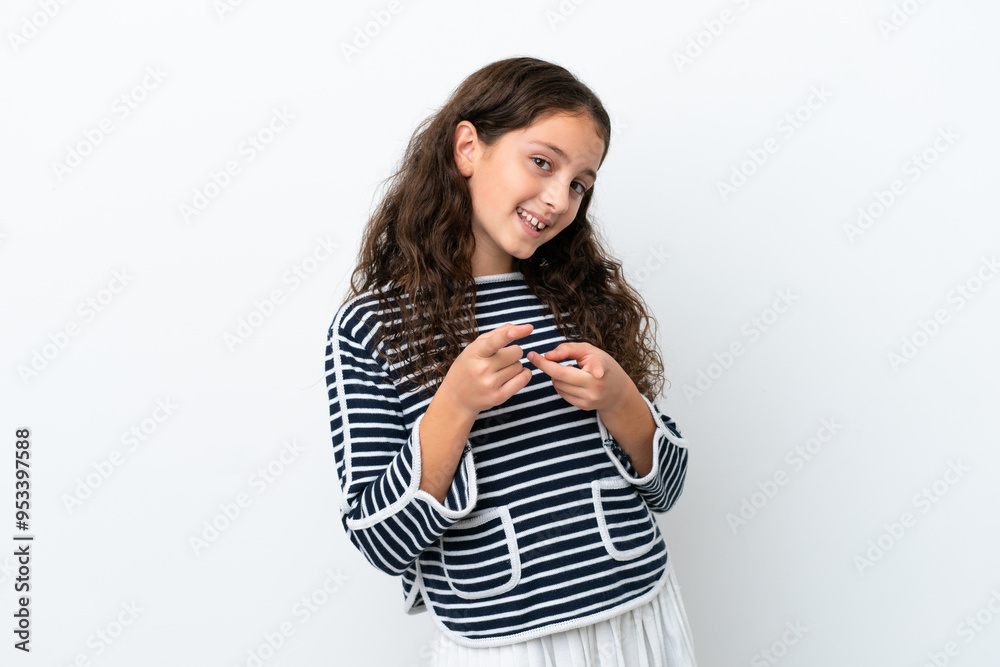 Obraz premium Little caucasian girl isolated on white background surprised and pointing front