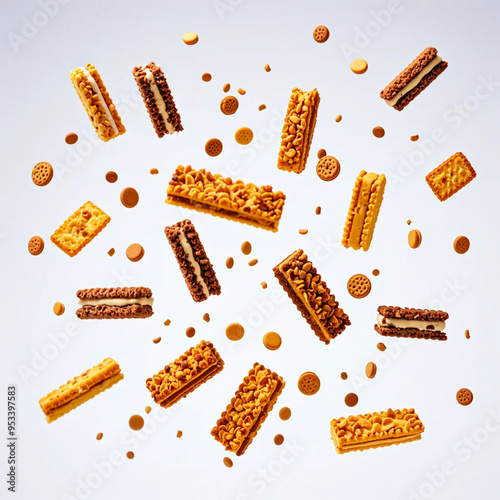 a high quality professional photo of a large pile of Flying Cake Crumbs, featuring an assortment of cake crumbs and cookie pieces soaring through the air in a mesmerizing display, 