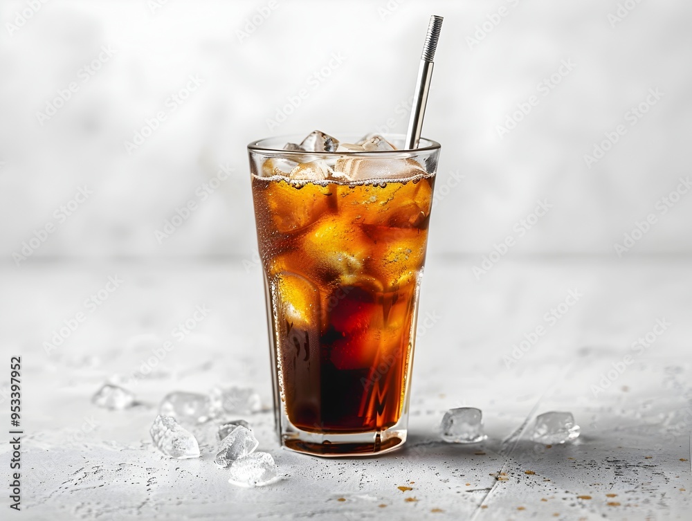 Cold Brew Coffee in Tall Glass with Metal Straw Against White Background Cold Brew Coffee in Tall Glass with Metal Straw Against White Background