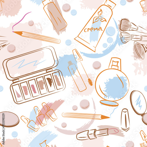 cosmetics, seamless vector pattern with cosmetics. Makeup and cosmetics seamless pattern background with different cosmetic and skincare products, vector illustration isolated 