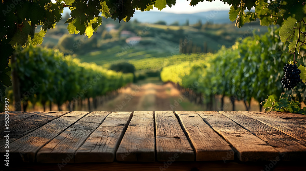 Wooden planks in front of vineyard in summer. Wooden planks in front of vineyard in summer.
