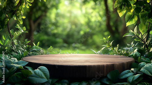 Wooden platform in a lush g...