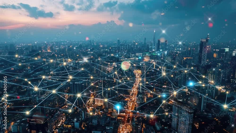 A Futuristic Cityscape with Glowing Lines Connecting Buildings at Night - Abstract Technology Background Animation A Futuristic Cityscape with Glowing Lines Connecting Buildings at Night - Abstract Technology Background Animation