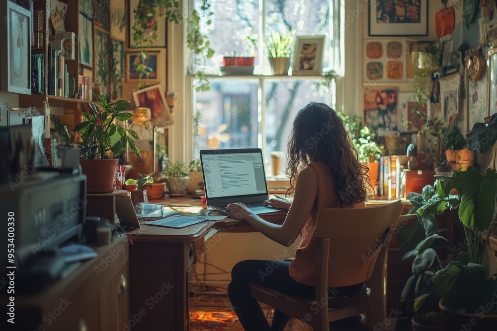 Focused young woman working from home office using laptop computer