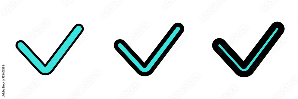 Vector check checkmark verify mark icon. Black, white background. Perfect for app and web interfaces, infographics, presentations, marketing, etc.