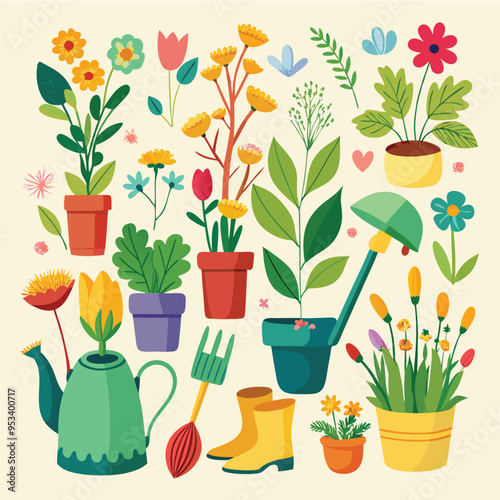 Botanical garden tools with spring flowers and plants, vector illustration photo