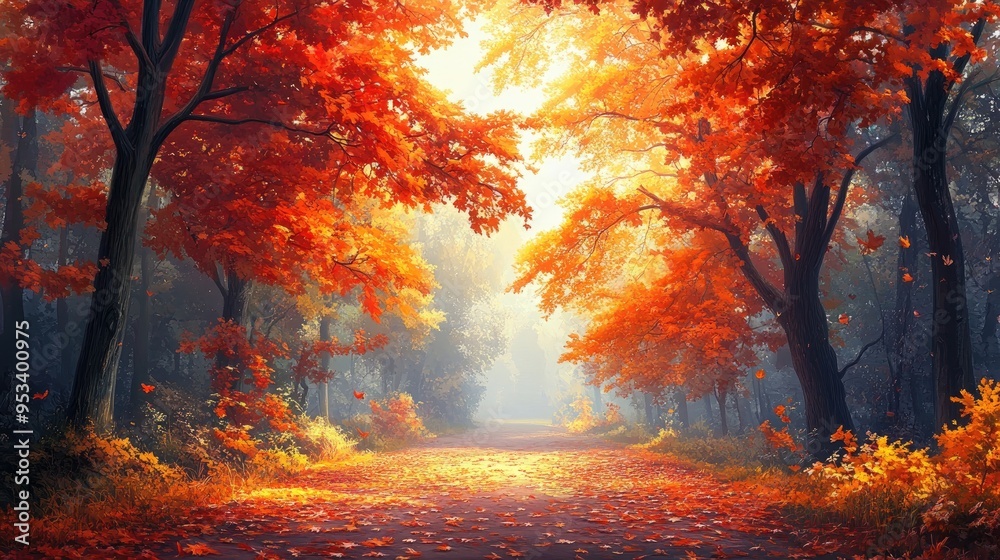 Autumn forest pathway bathed in warm light with vibrant red foliage. Autumn forest pathway bathed in warm light with vibrant red foliage.