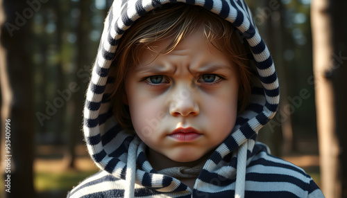 portrait face of upset or focused thoughtful scowl eight year old kid girl in hood of striped hoodie in the forest nature. prepubertal children mind psychology and mental health. banner. flare isola photo