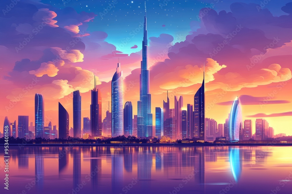 Obraz premium Burj khalifa and dubai skyline rising over tropical beach at sunset