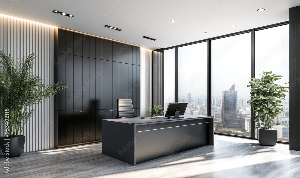 Modern interior design of the executive office, featuring a black cabinet with gray stripes and white lines Modern interior design of the executive office, featuring a black cabinet with gray stripes and white lines