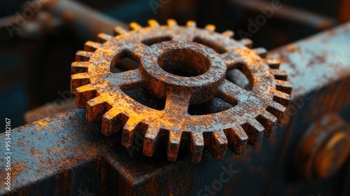 Rusty gear sitting on metal surface in industrial setting