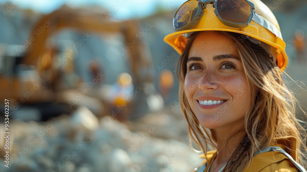 portrait of a beautiful Caucasian friendly female engineer in a construction helmet 25-30 years old located at a construction site against the background of working construction equipment, excavators portrait of a beautiful Caucasian friendly female engineer in a construction helmet 25-30 years old located at a construction site against the background of working construction equipment, excavators