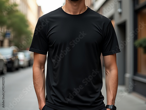 A plain black t-shirt worn by a model in an urban setting.