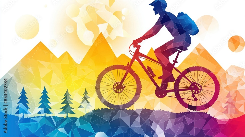 Fototapeta premium A man atop a mountain on a bicycle, surrounded by vibrant skies and verdant foliage