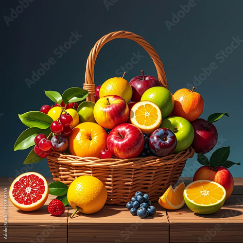 a high-quality digital painting of a variety of fruits arranged in a basket, fruits basket on a wooden table, high details image, vibrant colors, realistic lighting and shadows with a 