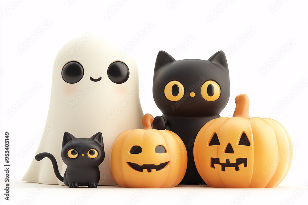 Obraz premium A group of Halloween themed characters, including a cat, a ghost, and a witch