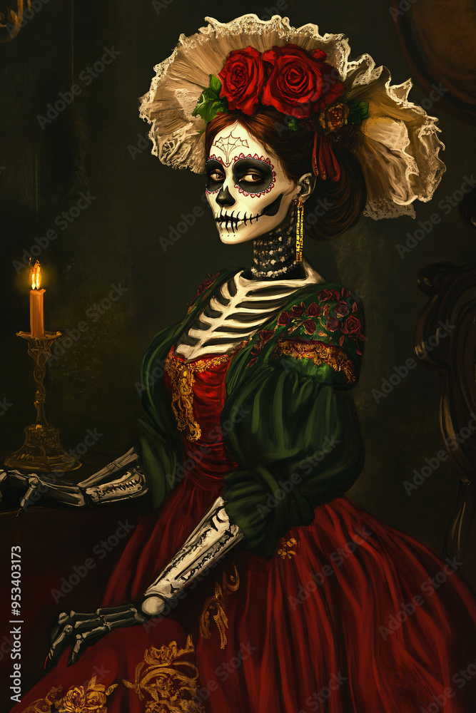 Fototapeta premium A couple dressed in black and red costumes with a skeleton bride