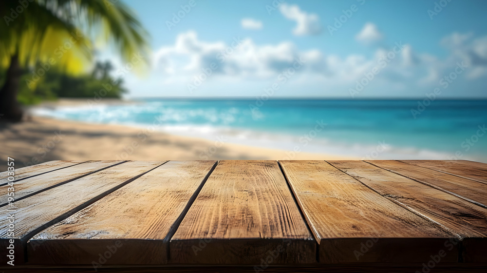 Wooden table top over blurred beach scene. Wooden table top over blurred beach scene.