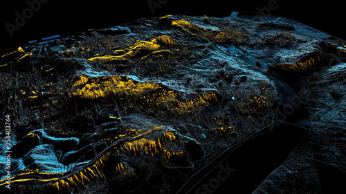 Technical aerial visual, 3D LiDAR GIS aerial map satellite scan model isolated, showing Bandar Lampung, Indonesia. Elevation, topography, render photo