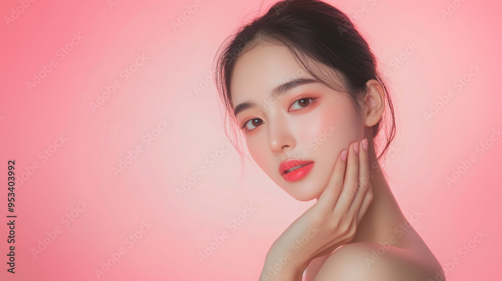 A portrait of a young woman with soft makeup, elegant pose, and serene expression against a pink background. A portrait of a young woman with soft makeup, elegant pose, and serene expression against a pink background.