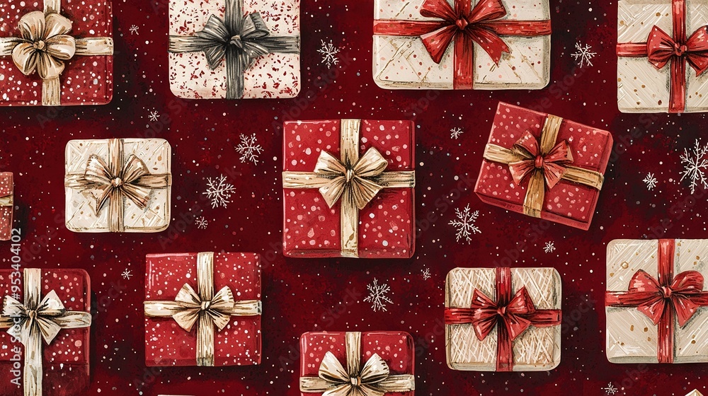 A group of wrapped presents sits atop a red table, snowflakes covering both the tabletop and presents A group of wrapped presents sits atop a red table, snowflakes covering both the tabletop and presents