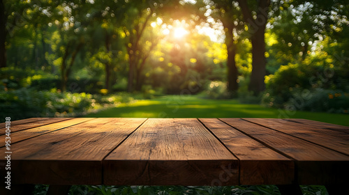 Wooden table with green law...