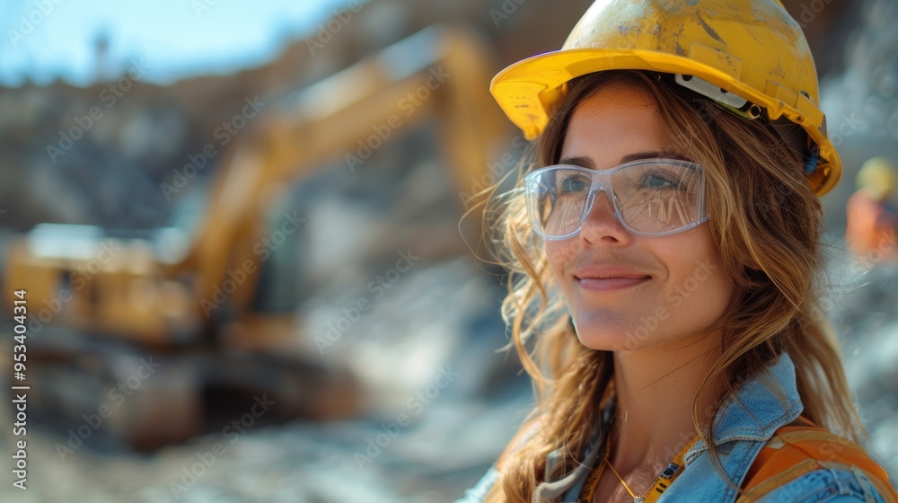 portrait of a beautiful young female engineer in a construction helmet 20-25 years old located at a construction site against the background of working construction equipment, excavators portrait of a beautiful young female engineer in a construction helmet 20-25 years old located at a construction site against the background of working construction equipment, excavators