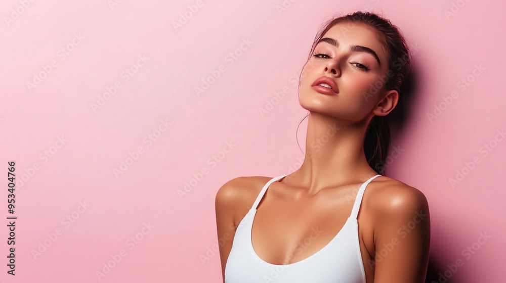 A stunning portrait of a model with a confident pose against a soft pink background, showcasing beauty and elegance. A stunning portrait of a model with a confident pose against a soft pink background, showcasing beauty and elegance.