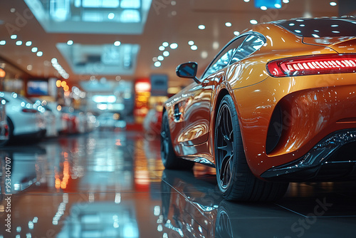 A stunning orange sports car showcased in a modern showroom, highlighting its sleek design and captivating reflections.