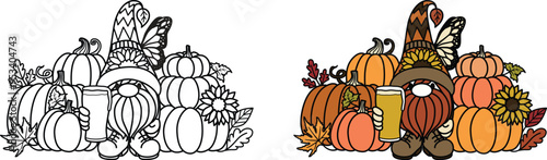 Groovy cute autumn harvest gnome holding a glass of beer standing next to pumpkins, with editable thickness of the lines for coloring page or design element. Vector illustration.