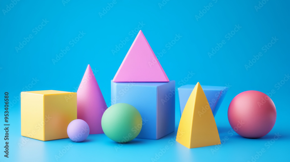 The background is a simple, flat plane of solid blue color. There are no additional elements or distractions, ensuring that the focus remains entirely on the geometric shapes and their arrangement. The background is a simple, flat plane of solid blue color. There are no additional elements or distractions, ensuring that the focus remains entirely on the geometric shapes and their arrangement.