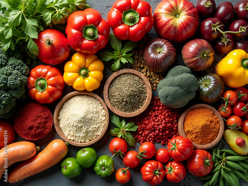 A vibrant picture of fruits, vegetables, and spices.