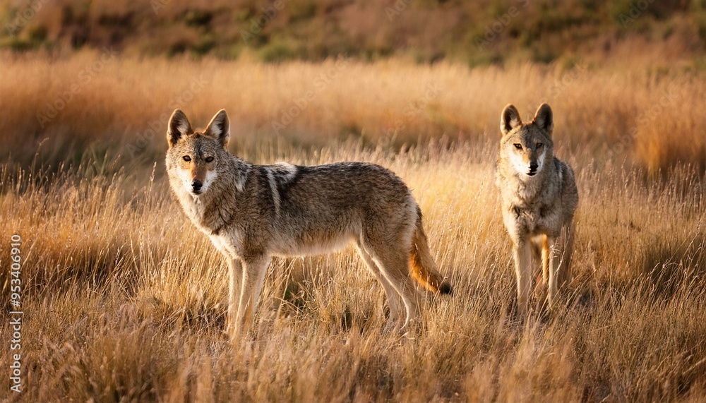 Wild coyotes standing in prairie grass in nature found throughout North America Wild coyotes standing in prairie grass in nature found throughout North America